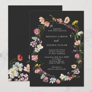 Chic Moody Wild Flowers Wreath Wedding Kaart