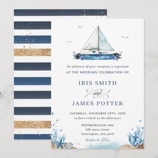 Chic Nautical Blue Boat Beach Modern Wedding Kaart (Voorkant / Achterkant)