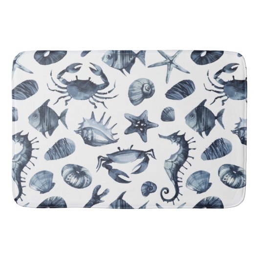 Chic Nautical Blue Seashell zeepaardzeepaardkrab Badmat (Voorkant)