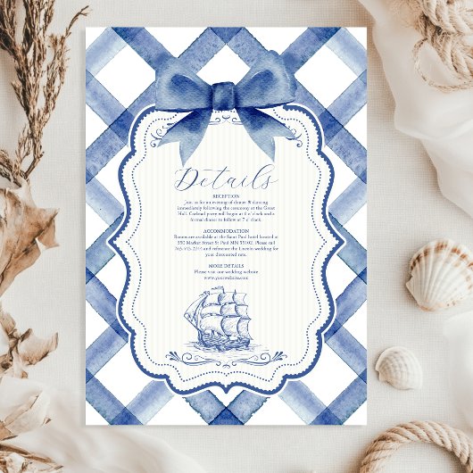 Chic Nautical Navy Blue Bow Wedding Informatiekaartje