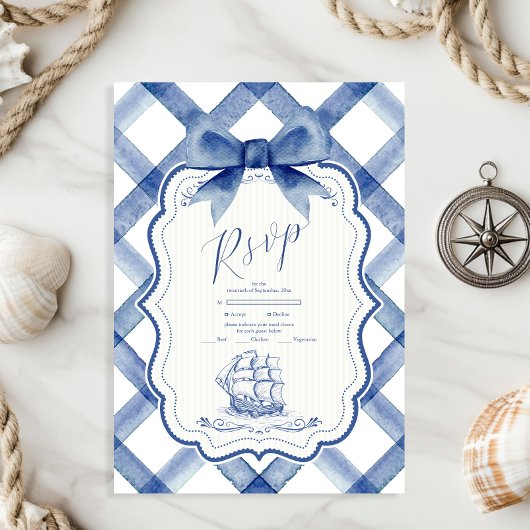 Chic Nautical Navy Blue Bow Wedding RSVP Kaartje
