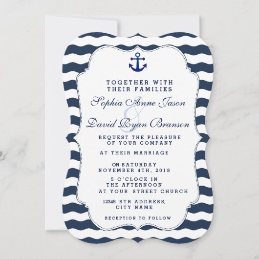 Chic Nautical Navy Vagues Ancre Mariage Invitation (Devant)