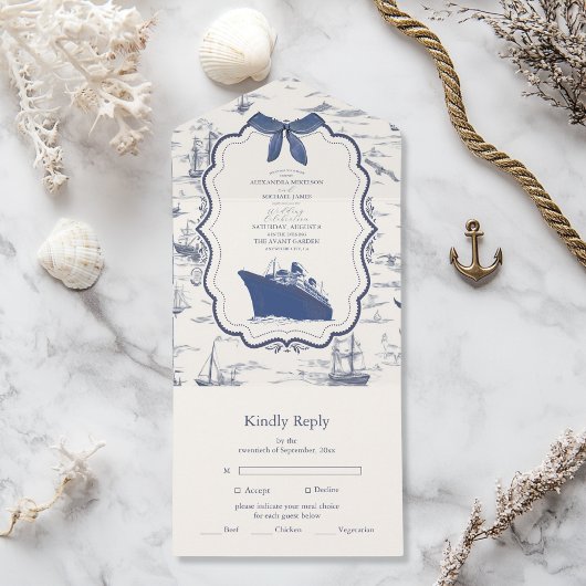 Chic Nautical Toile de Jouy Bow Wedding All In One Uitnodiging