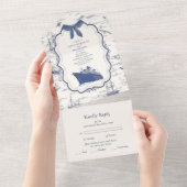 Chic Nautical Toile de Jouy Bow Wedding All In One Uitnodiging (Afscheurbaar)