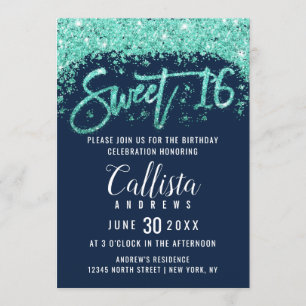 Chic Navy Blauw en Turquoise Glitter Dust Sweet 16 Kaart