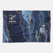 Chic Navy Blauw Goud Glitter Geode Marmeren Monogr Theedoek (Horizontaal)
