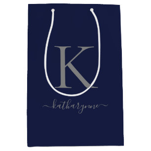 Chic Navy Blauw Zilver Monogram Naam Medium Cadeauzakje