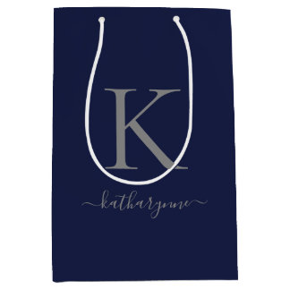 Chic Navy Blauw Zilver Monogram Naam Medium Cadeauzakje