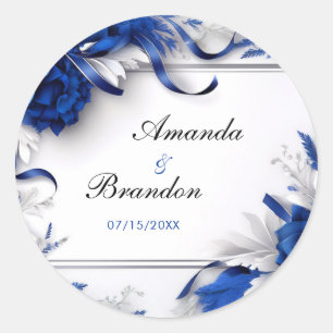 Chic Navy Blauw & Zilveren Bloemen Linten Huwelijk Ronde Sticker