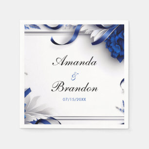 Chic Navy Blauw & Zilveren Bloemen Linten Huwelijk Servet