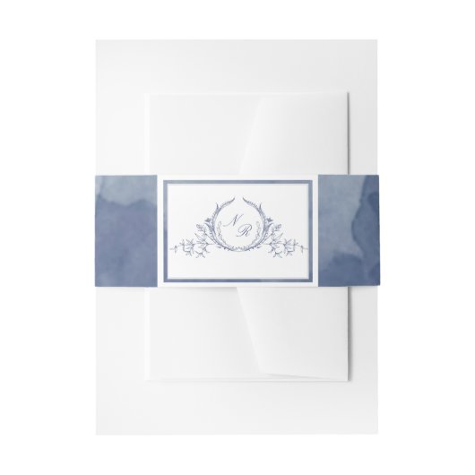 Chic Navy Blauwe Waterverf, Monogram Huwelijk Uitnodigingen Wikkel (Voorkant Voorbeeld)