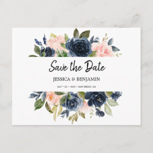 Chic Navy Blue Blush Pink Floral Save the Date Briefkaart