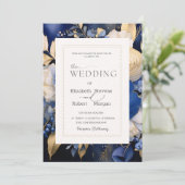 Chic Navy Blue Cream Flowers Faire-part de mariage (Debout devant)