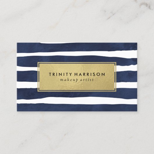 Chic Navy Blue en Gold Striped Visitekaartje (Voorkant)