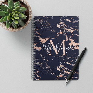 Chic Navy Blue en Roos Gold Foil marble Monogram Notitieboek