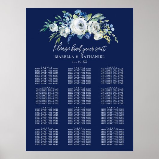 Chic Navy Blue Floral Winter Wedding Seating Chart Poster (Voorkant)