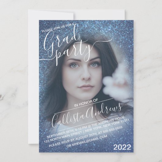 Chic Navy Blue Glitter Ombre Photo Afstuderen Kaart (Voorkant)