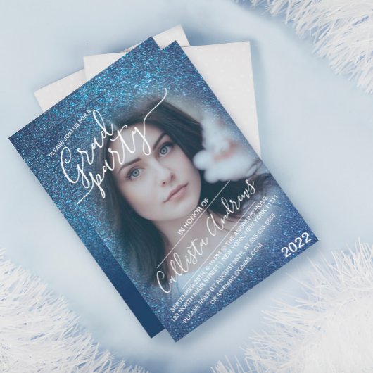 Chic Navy Blue Glitter Ombre Photo Afstuderen Kaart