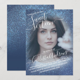 Chic Navy Blue Glitter Ombre Photo Sweet 16 Kaart