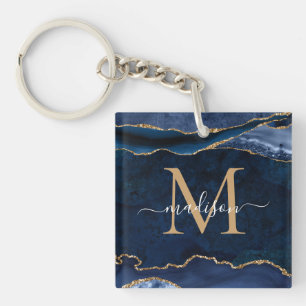 Chic Navy Blue Gold Agaat Geode Glitter Monogram Sleutelhanger
