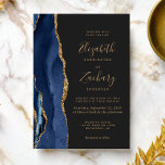 Chic Navy Blue Gold Agate Dark Faire-part de maria<br><div class="desc">Le bord gauche de cette élégante faire-part de mariage moderne est orné d'une bordure en aquarelle bleu marine ornée d'une parties scintillant en faux or. Le texte personnalisable combine écriture manuscrite couleur or, cuivre et polices italiques sur un arrière - plan gris fusain foncé. L'envers est assorti d'un design d'agate...</div>