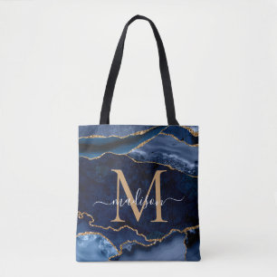Chic Navy Blue Gold Agate Geode Feminine Monogram Draagtas