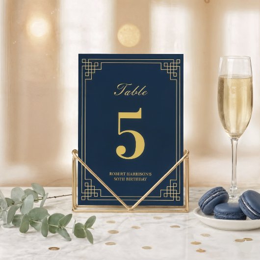 Chic Navy Blue Gold Art Deco 80th Birthday Kaart