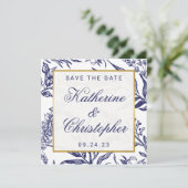 Chic Navy Blue Gold Botanical Save the Date Photo (Staand voorkant)
