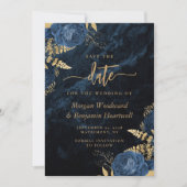 Chic Navy Blue Gold Floral Wedding Save the Date Kaart (Voorkant)