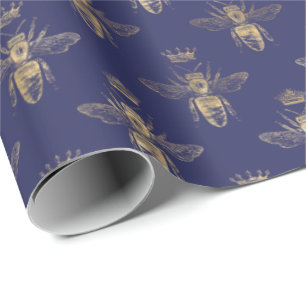 Chic Navy Blue Gold Queen Bee Pattern Cadeaupapier