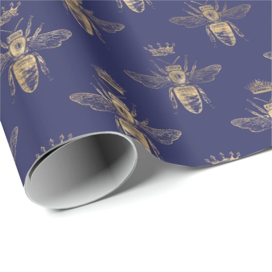 Chic Navy Blue Gold Queen Bee Pattern Cadeaupapier (Rol Hoek)