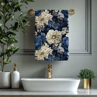 Chic Navy Blue Ivory Gold Flowers Bath Towel Bad Handdoek