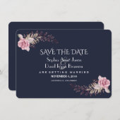 Chic Navy Blue Maroon Boho Floral Save the Date (Voorkant / Achterkant)