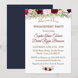 Chic Navy Blue Marsala Floral Engagement Party Kaart