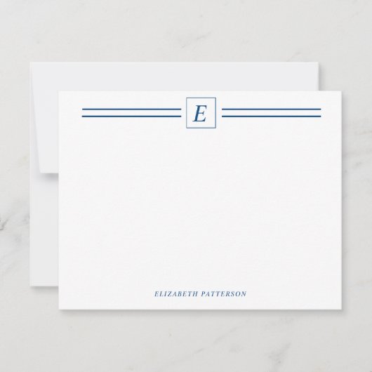Chic Navy Blue Monogram Dubbele lijn Notitiekaartje (Voorkant)