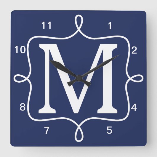 Chic Navy Blue Monogram Vierkante Klok (Voorkant)