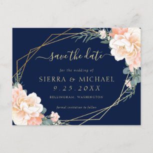 Chic Navy Blue Peach Gold Floral Save the Date Aankondigingskaart