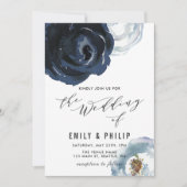 Chic Navy Blue Peony Floral Faire-part de mariage (Devant)