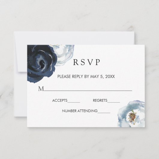 Chic Navy Blue Peony Floral Wedding Carte RSVP (Devant)