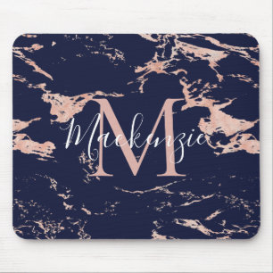 Chic Navy Blue Roos Gold Foil marble Monogram Muismat