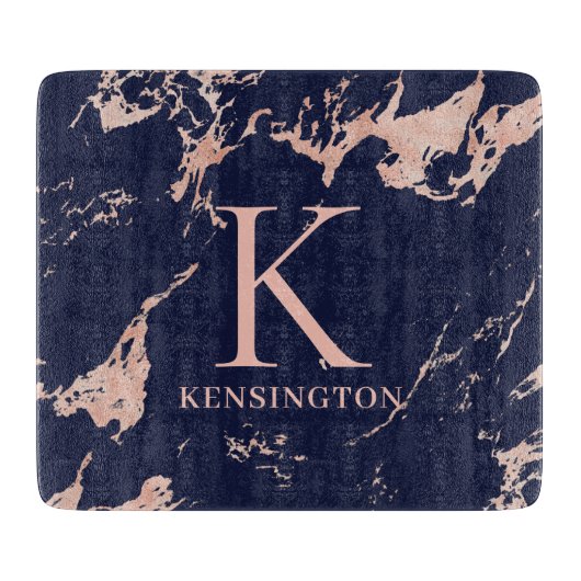 Chic Navy Blue Roos Gold Foil marble Monogram Snijplank (Voorkant)