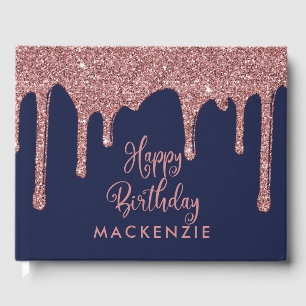 Chic Navy Blue Roos Gold Glitter Drips Verjaardag Gastenboek