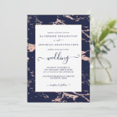 Chic Navy Blue Roos Gold Marble Wedding Kaart (Staand voorkant)