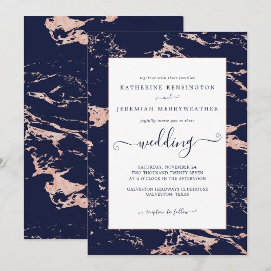 Chic Navy Blue Roos Gold Marble Wedding Kaart (Voorkant / Achterkant)