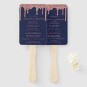 Chic Navy Blue Roos Gold Wedding Program Handwaaier (Voorkant en achterkant)