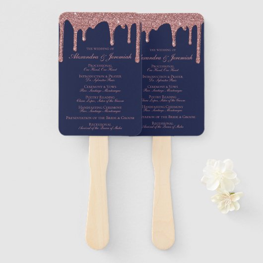 Chic Navy Blue Roos Gold Wedding Program Handwaaier (Voorkant en achterkant)