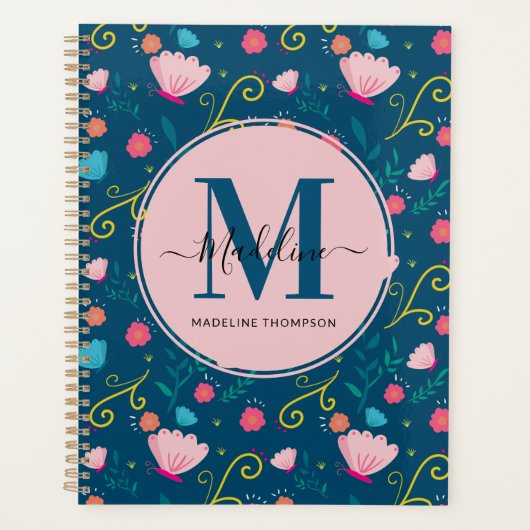 Chic Navy Blue Roze Butterfly Monogram Planner (Voorkant)