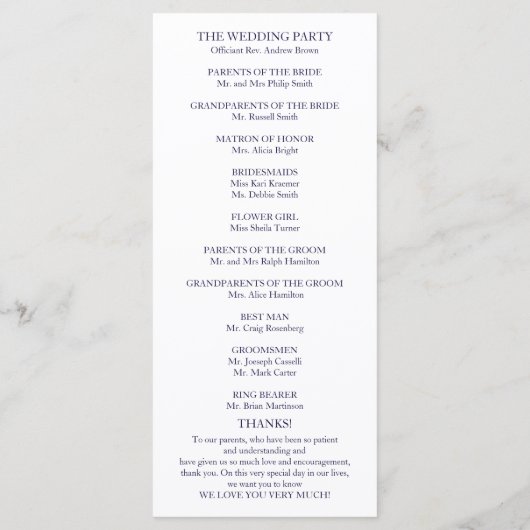 Chic Navy Blue Script Mariage programme de cérémon (Dos)