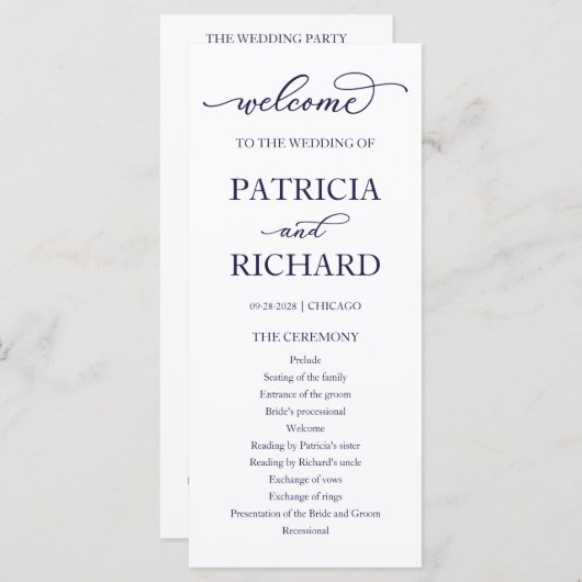 Chic Navy Blue Script Mariage programme de cérémon (Devant / Derrière)