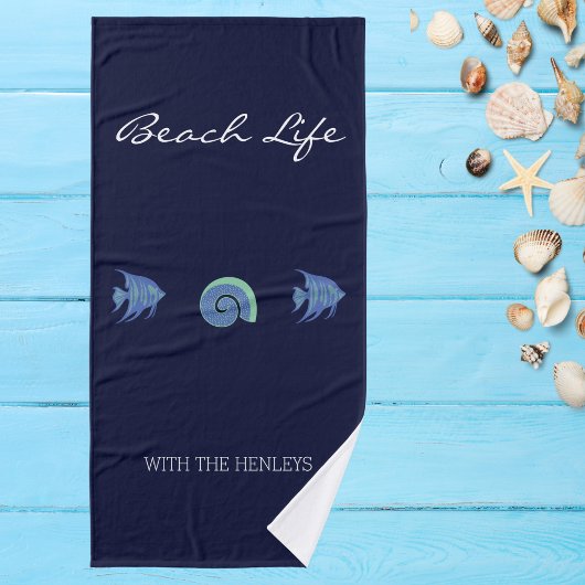 Chic Navy Blue Sea Life Nom de famille Beach House